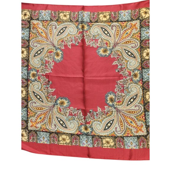 Square Silk Scarf Red With Ornate Paisley Floral Print 27.5 inch Square Wild Rag - Picture 10 of 16